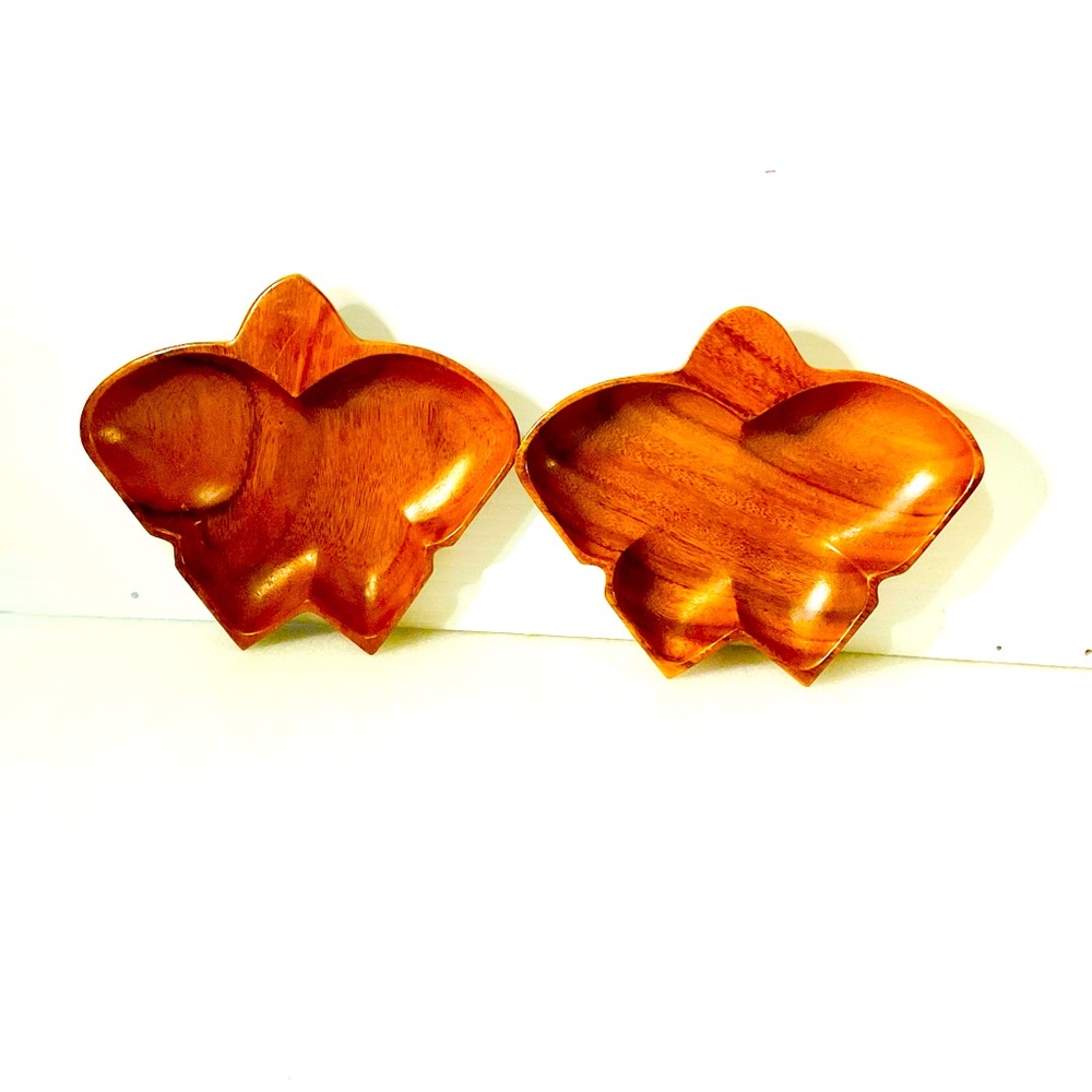 2 Pc Vintage  butterfly  Boho Natural  Wooden Trinket Dish-001